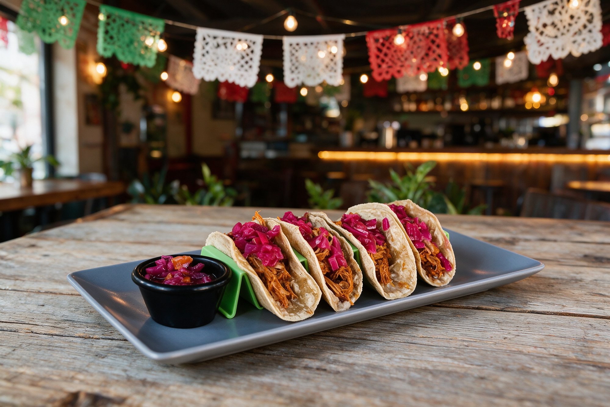 Interior de Tequila Rock Taco con guirnaldas de banderitas de colores y luz cálida