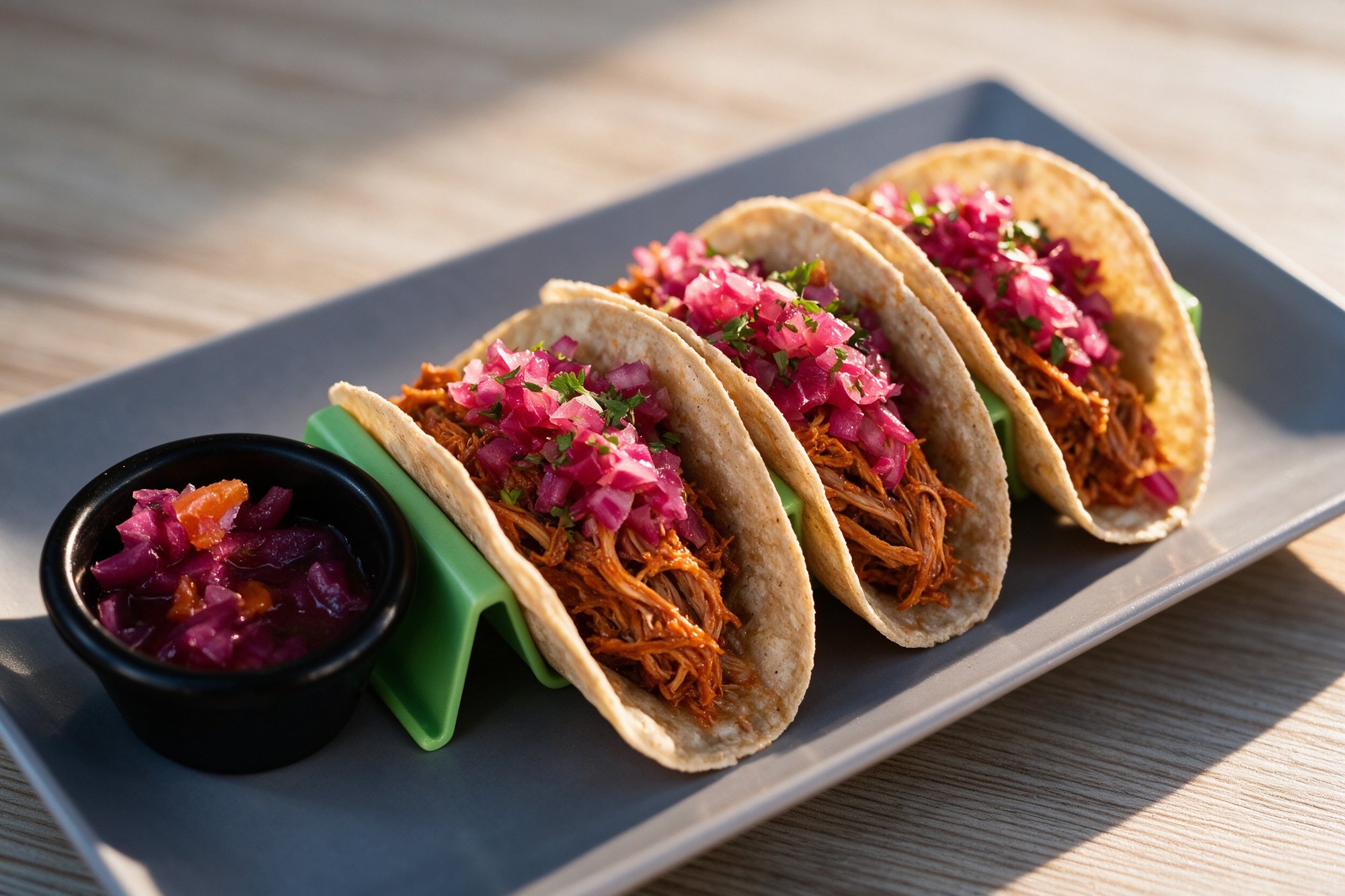 Tacos de Cochinita Pibil con cebolla morada encurtida y cilantro sobre tortillas de maíz