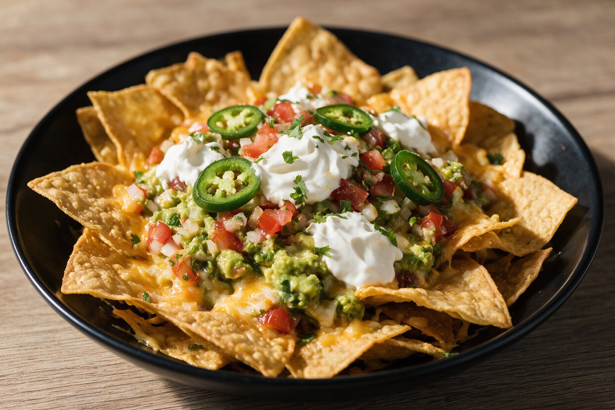Nachos Mexicanos con queso fundido, guacamole, pico de gallo y ruedas de chile jalapeño