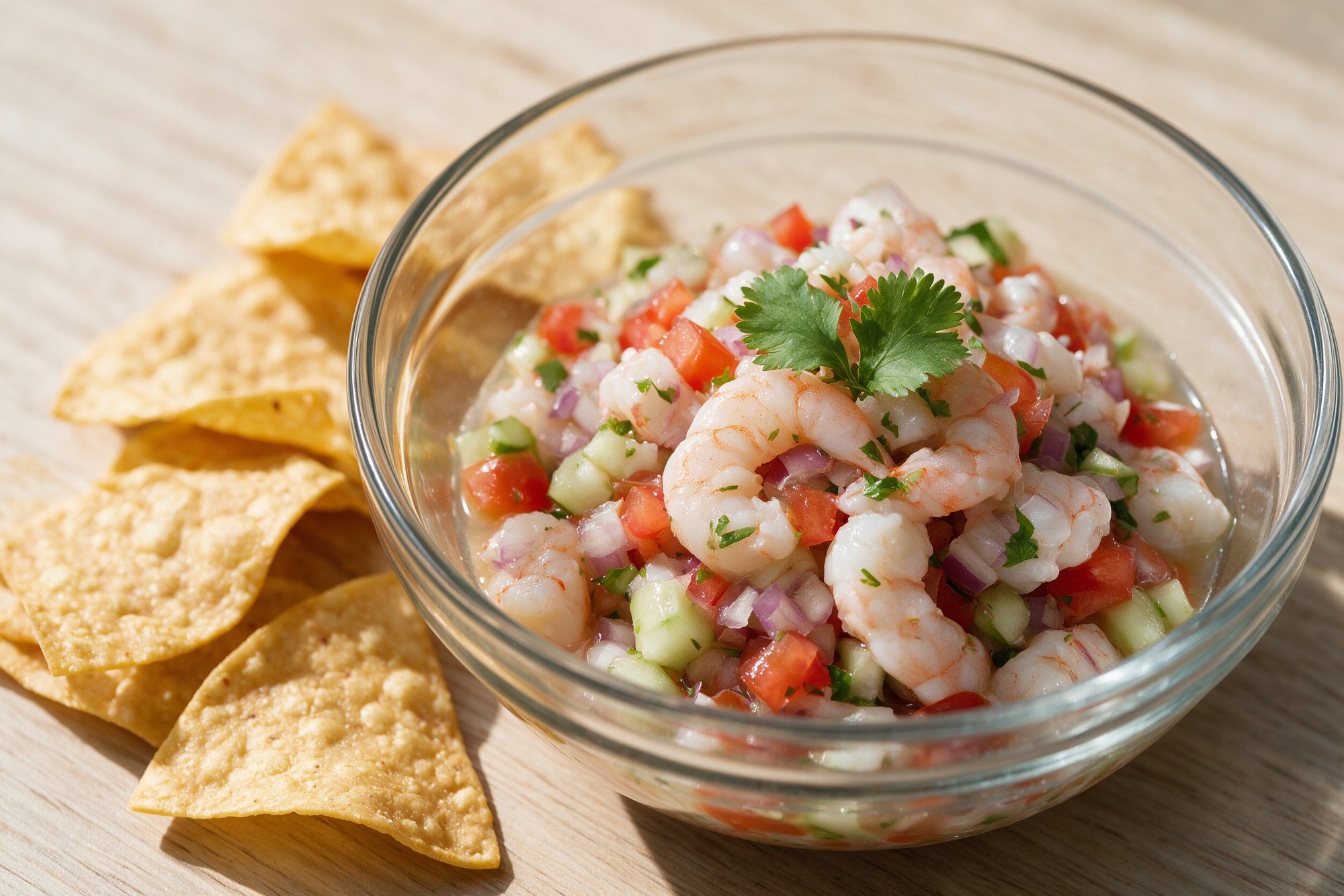 Ceviche de camarón al estilo Sinaloa con cebolla morada, tomate y pepino, servido con totopos