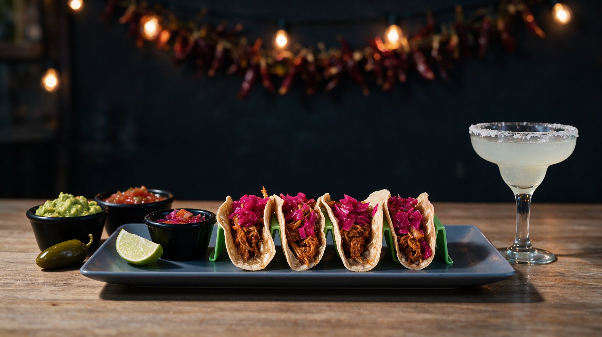 Mesa mexicana con tacos, margarita y luces de colores en Tequila Rock Taco, Rincón de la Victoria